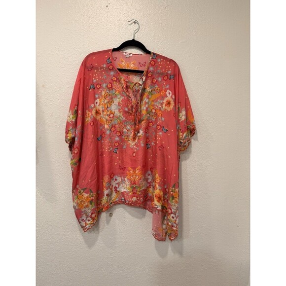Johnny Was Silk Kaftan Poncho Kimono Blouse One Size Pink Floral Butterfly Boho* - Picture 2 of 5
